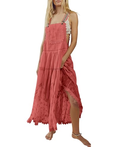 Dress for Women Casual Floral Embroidered Bohemian Dress Adjustable Straps Bib Maxi Flowy Dress with Pockets Rose Medium