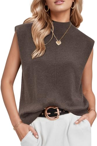 Womens Trendy Summer Fall Work Tops Business Casual Blazers Mock Neck Sleeveless Cashmere Sweater Vest Dressy Outfits Tank Clothes Coffee