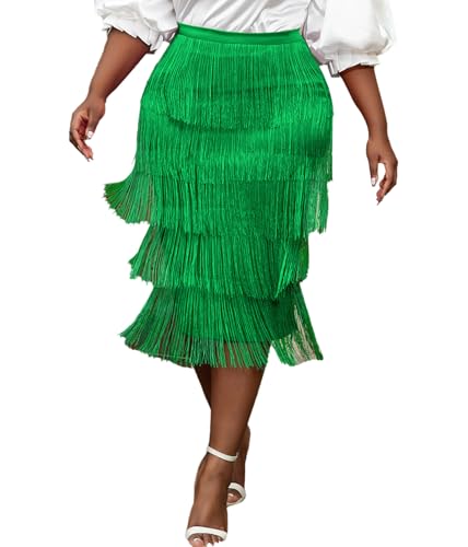 Women's Spring Green High Waist Fringe Tiered Bodycon Pencil Midi Skirt XL