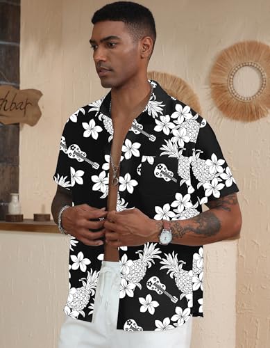 Mens Hawaiian Shirt Casual Short Sleeve Button Down Shirt Tropical Summer Beach Shirt(Pineapple Black,Small)