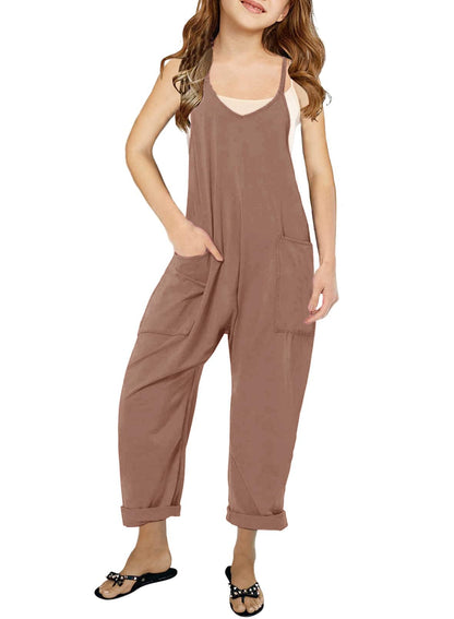 Jumpsuits Spaghetti Strap Sleeveless Loose Romper Long Pants with Pockets Kids Clothes Khaki