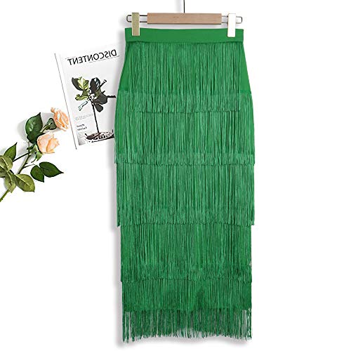 Women's Spring Green High Waist Fringe Tiered Bodycon Pencil Midi Skirt XL