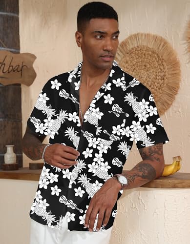 Mens Hawaiian Shirt Casual Short Sleeve Button Down Shirt Tropical Summer Beach Shirt(Pineapple Black,Small)