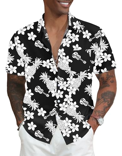 Mens Hawaiian Shirt Casual Short Sleeve Button Down Shirt Tropical Summer Beach Shirt(Pineapple Black,Small)