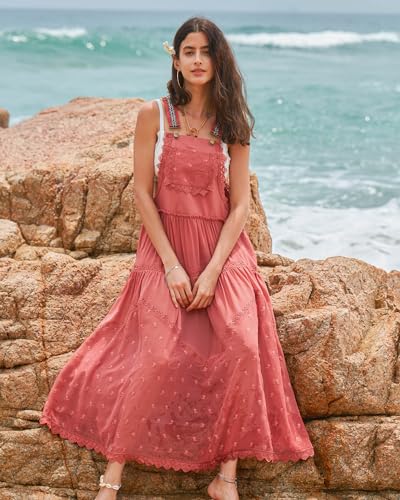 Dress for Women Casual Floral Embroidered Bohemian Dress Adjustable Straps Bib Maxi Flowy Dress with Pockets Rose Medium