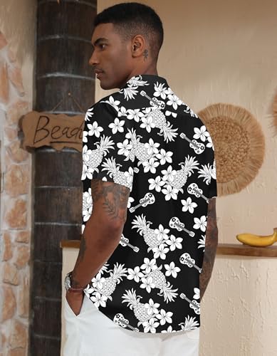 Mens Hawaiian Shirt Casual Short Sleeve Button Down Shirt Tropical Summer Beach Shirt(Pineapple Black,Small)