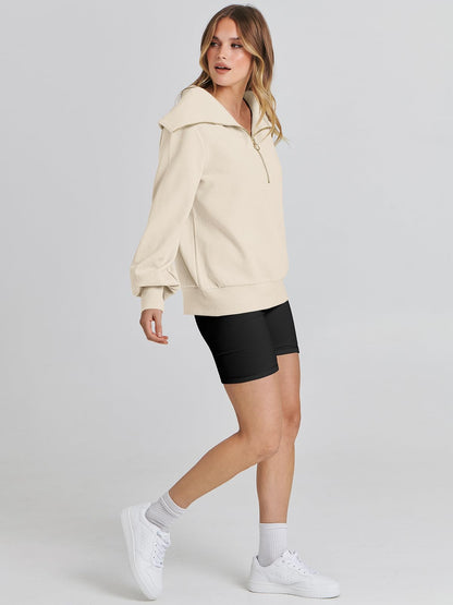 Women Quarter Zip Pullover Oversized Long Sleeve Half Zip Sweatshirts Fashion Trendy 2024 Fall Sweater Outfits Beige Large