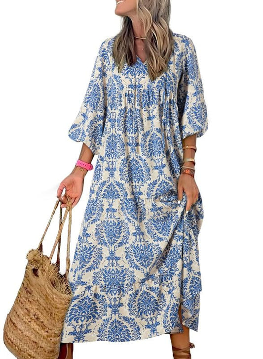 Dresses Women Summer Casual Maxi Dresses V Neck Boho Beach Dress Long Puff Sleeve Sexy Dress Ruffle A Line Flowy Dresses Medium Blue