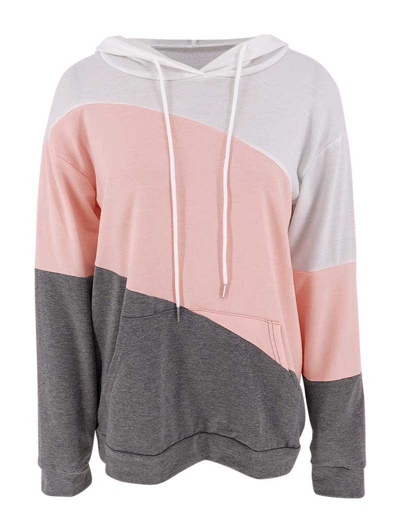 Women's Long sleeves Color Block Hoodie Tops Cute Casual Drawstring Loose Tunic Pullover (Pink,Large)