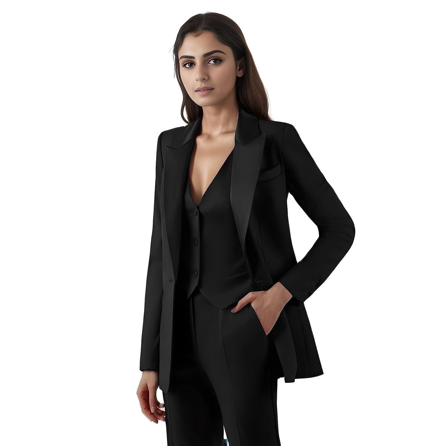 Women's Suiting Jackets Business Casual Outfits for Women Blazer Work Outfits for Women Office Satin Pant Suits for Women 3 Piece Black -10