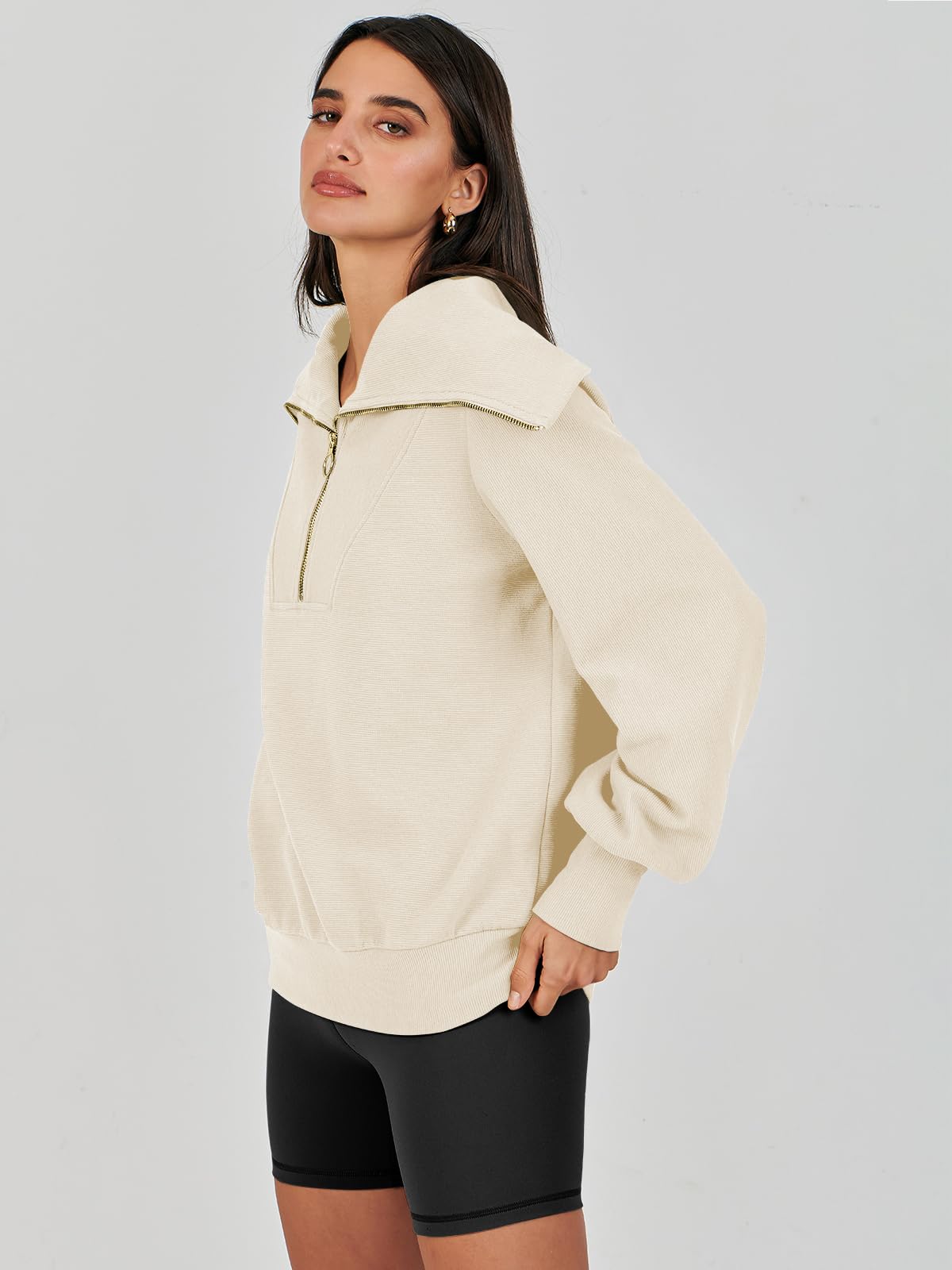 Women Quarter Zip Pullover Oversized Long Sleeve Half Zip Sweatshirts Fashion Trendy 2024 Fall Sweater Outfits Beige Large