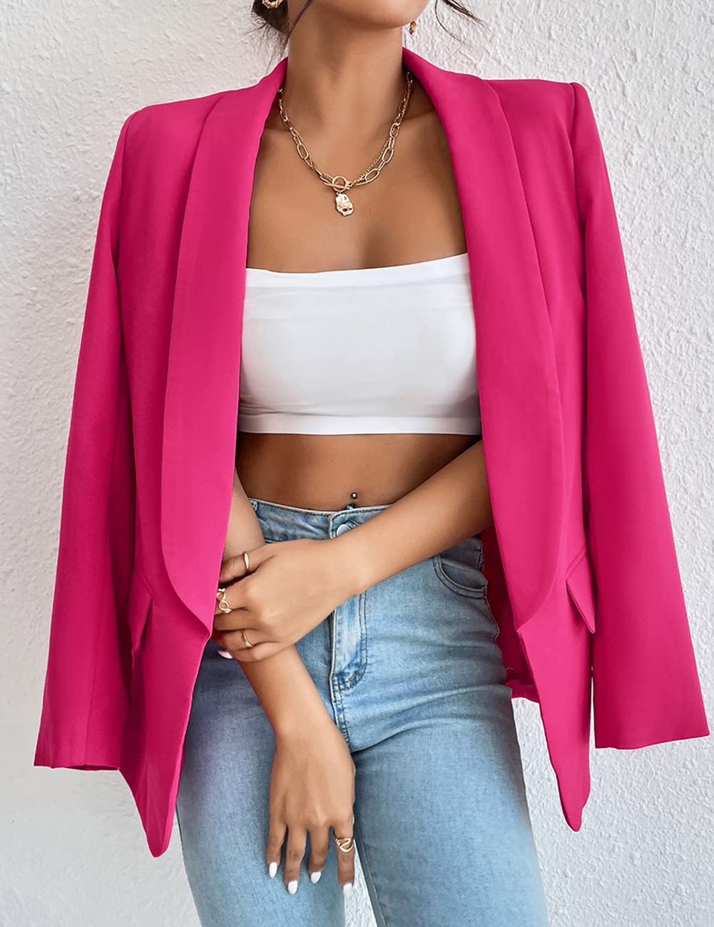 Womens Long Sleeve Blazers Casual Open Front Lapel Button Slim Work Office Blazer Jacket(Rose,Medium)