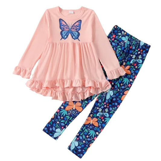 Kid Girls Clothes - Ruffle Hem Long-sleeve Top + Floral Pants 2PCS Fall Winter Toddler Girl Outfits Pants Leggings Set(5-6T)