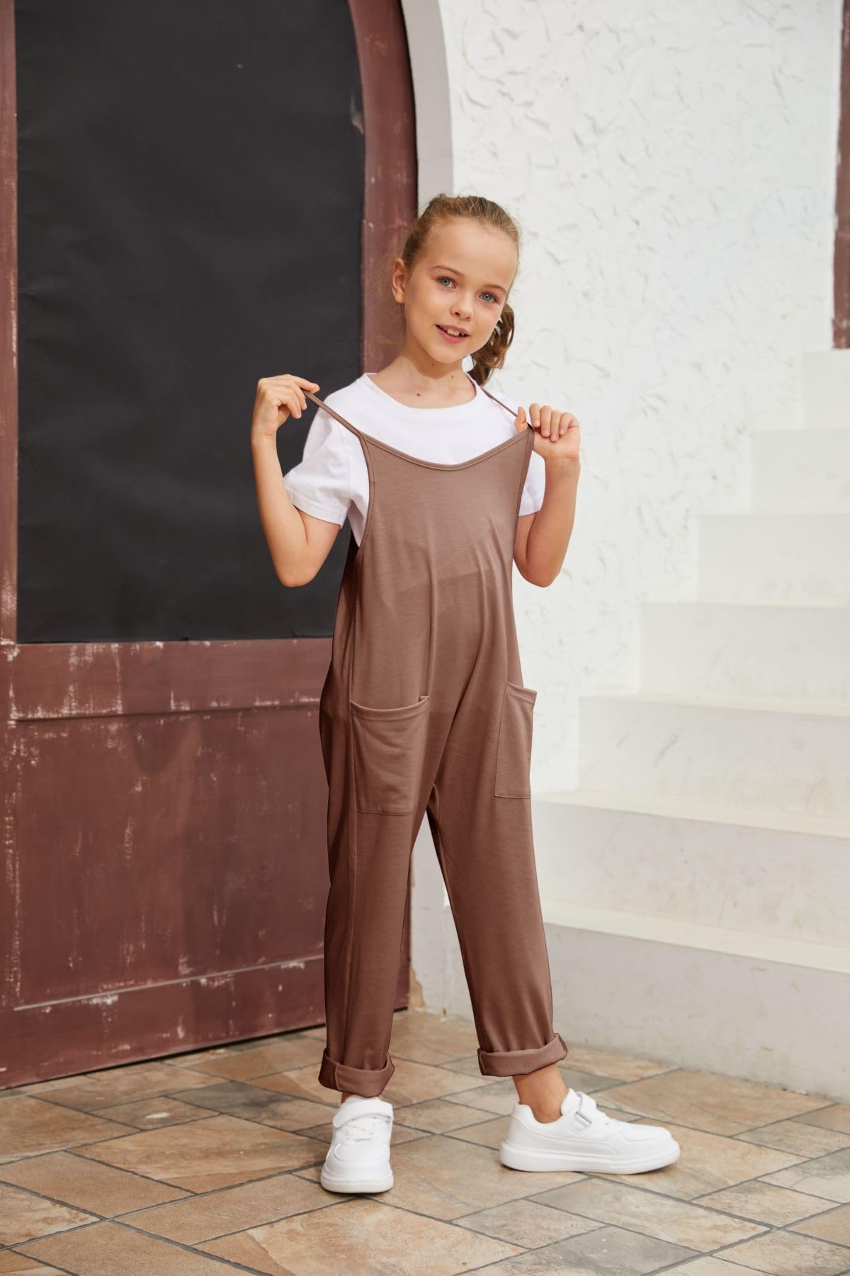 Jumpsuits Spaghetti Strap Sleeveless Loose Romper Long Pants with Pockets Kids Clothes Khaki