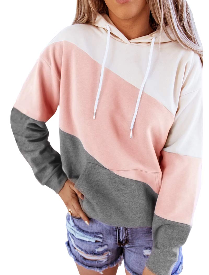 Women's Long sleeves Color Block Hoodie Tops Cute Casual Drawstring Loose Tunic Pullover (Pink,Large)