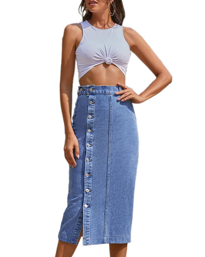 Womens High Waisted Washed Button Front Denim Long Skirt Midi Length A Line Denim Jean Pencil Skirt(BE292-L)