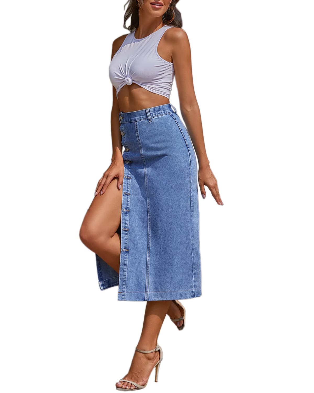 Womens High Waisted Washed Button Front Denim Long Skirt Midi Length A Line Denim Jean Pencil Skirt(BE292-L)