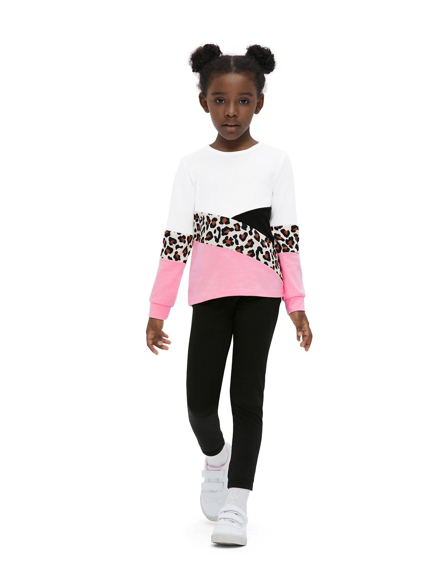 Girls 2 Piece Outfits Leopard Color Block Tee Crew Neck Top Black Legging Girl Sweatpants Sweatsuits Tracksuits ColorBlock 10-11 Years