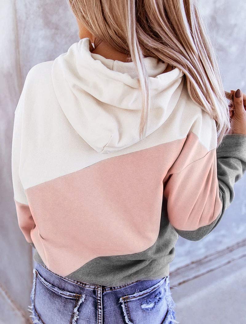 Women's Long sleeves Color Block Hoodie Tops Cute Casual Drawstring Loose Tunic Pullover (Pink,Large)