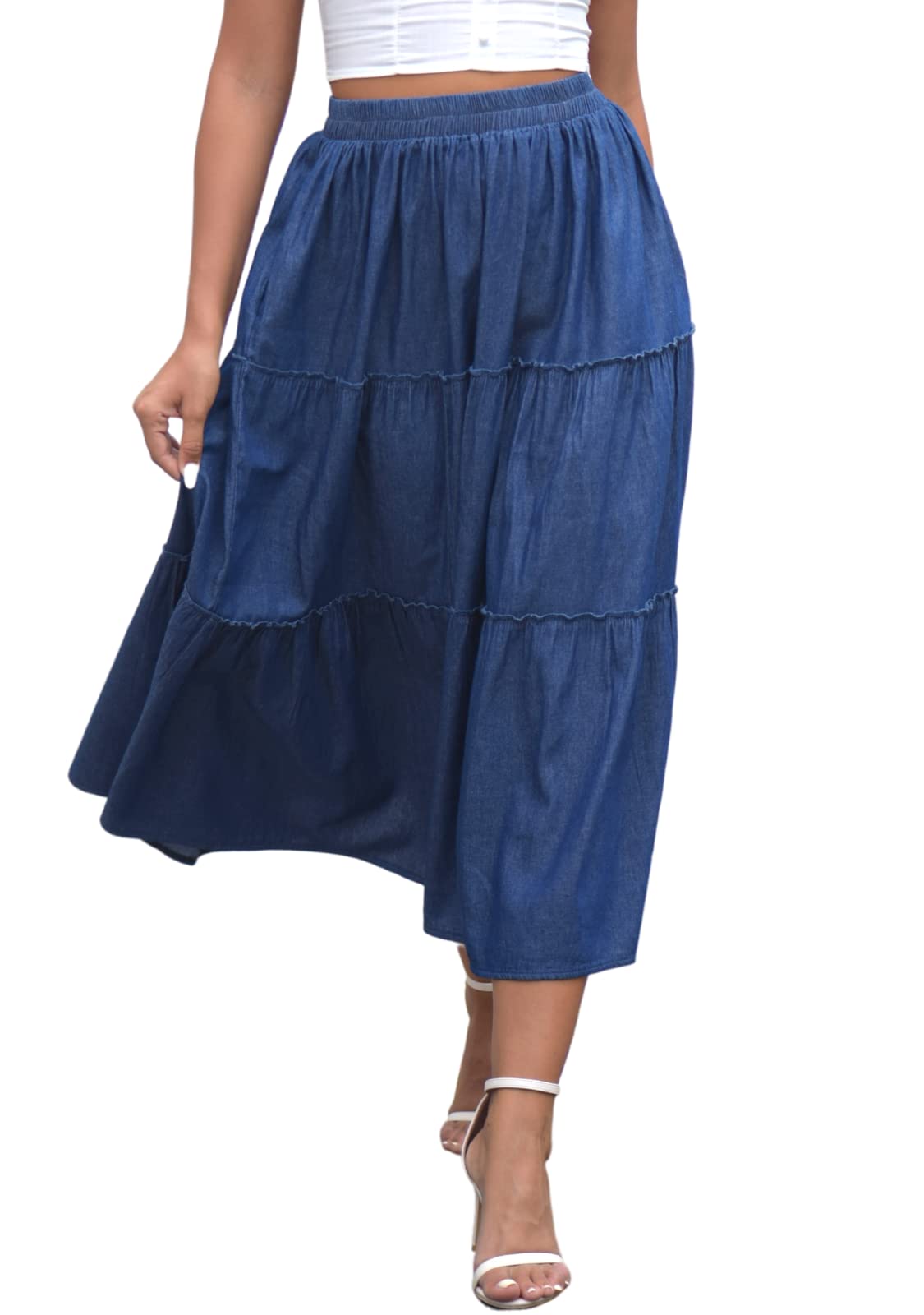 Women's Maxi Skirt Denim Tiered Elastic Waist Ruffle Pleated Flowy Casual Long Skirts with Pockets for Summer (Denim blued1, X-Large)