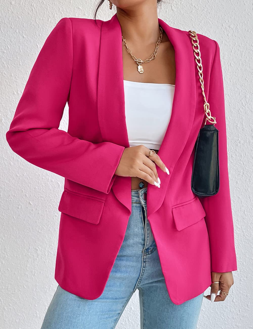 Womens Long Sleeve Blazers Casual Open Front Lapel Button Slim Work Office Blazer Jacket(Rose,Medium)