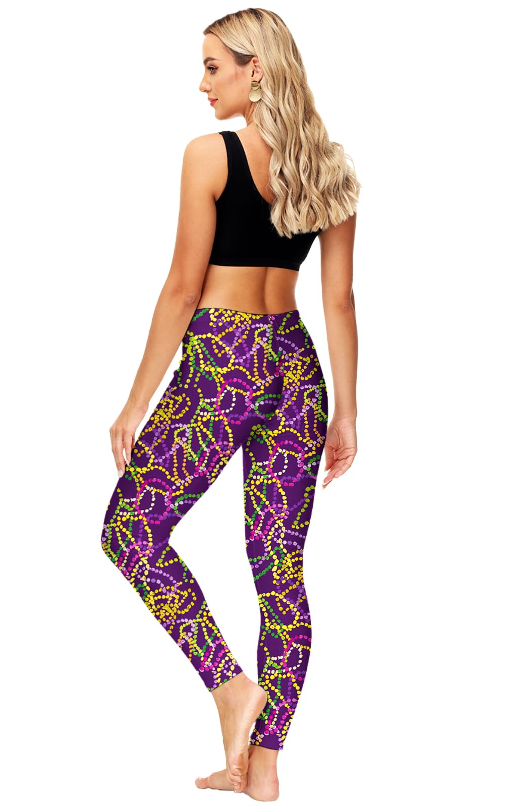 Womens Mardi Gras Leggings Fat Tuesday Beads New Orleans High Waist Footless Tight Pants S