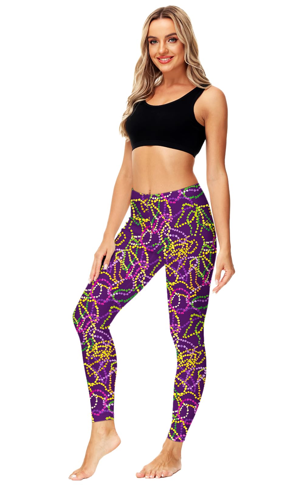 Womens Mardi Gras Leggings Fat Tuesday Beads New Orleans High Waist Footless Tight Pants S