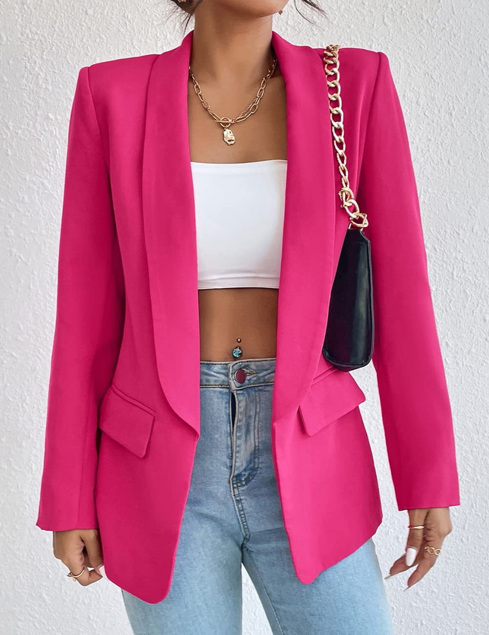 Womens Long Sleeve Blazers Casual Open Front Lapel Button Slim Work Office Blazer Jacket(Rose,Medium)