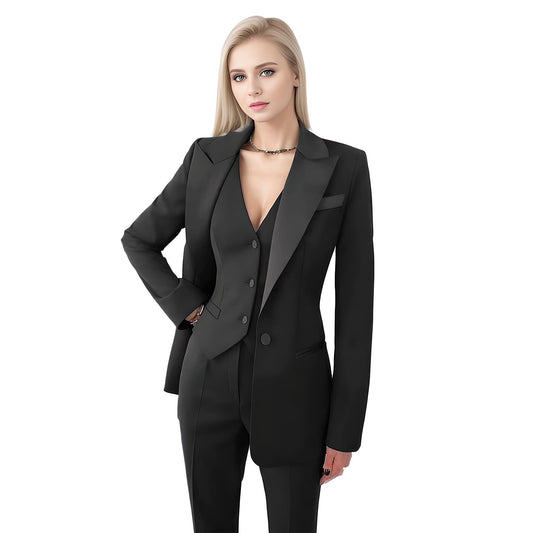 Women's Suiting Jackets Business Casual Outfits for Women Blazer Work Outfits for Women Office Satin Pant Suits for Women 3 Piece Black -10