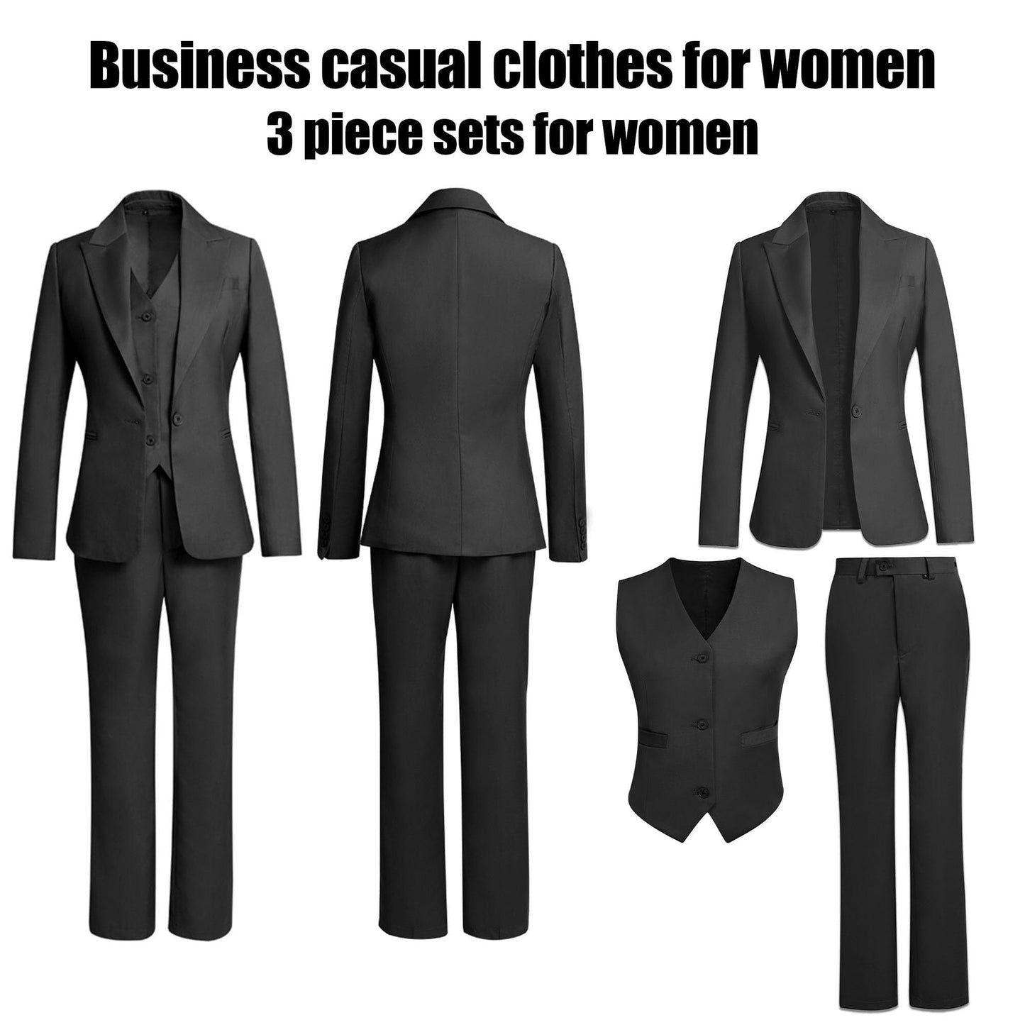 Women's Suiting Jackets Business Casual Outfits for Women Blazer Work Outfits for Women Office Satin Pant Suits for Women 3 Piece Black -10