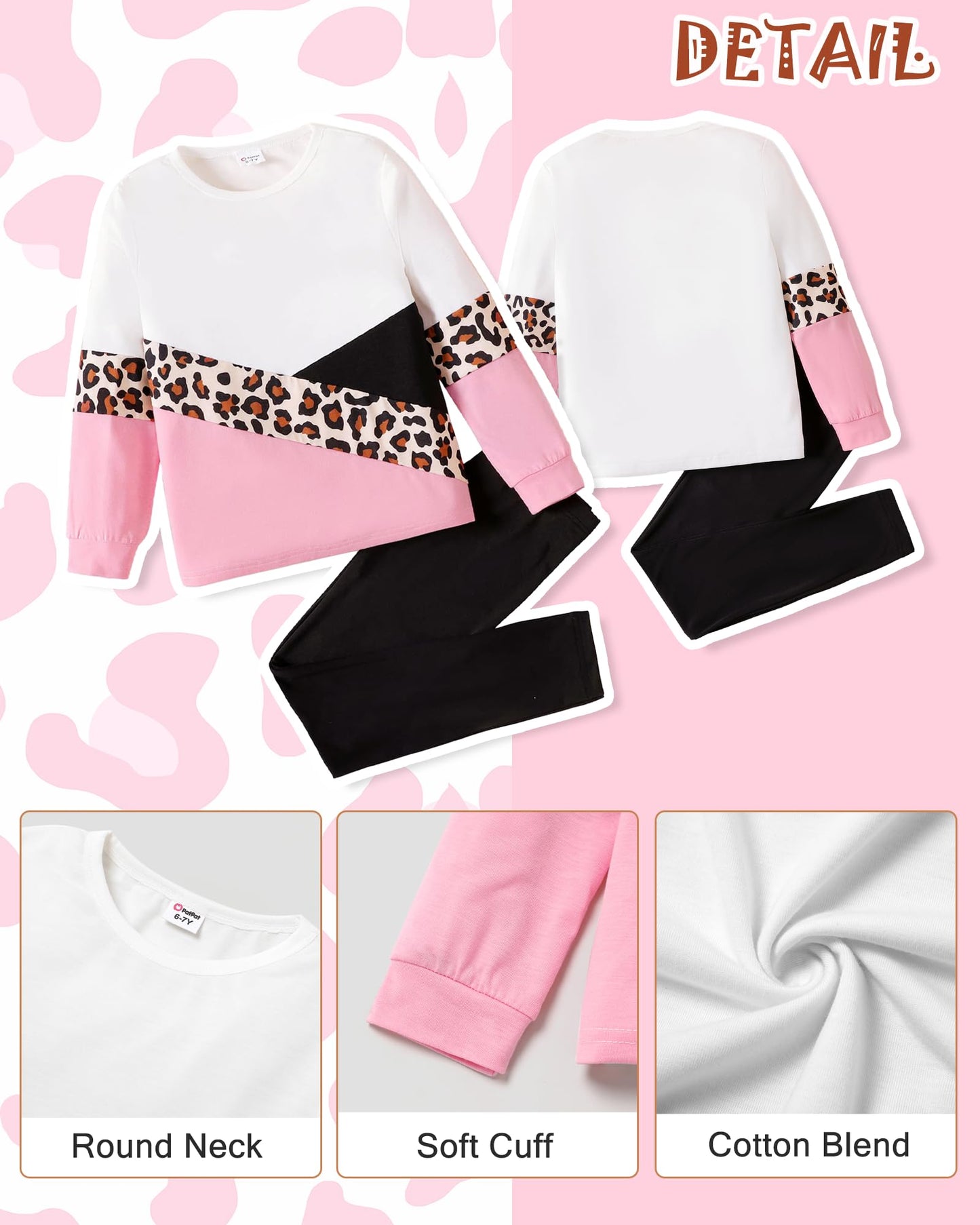 Girls 2 Piece Outfits Leopard Color Block Tee Crew Neck Top Black Legging Girl Sweatpants Sweatsuits Tracksuits ColorBlock 10-11 Years