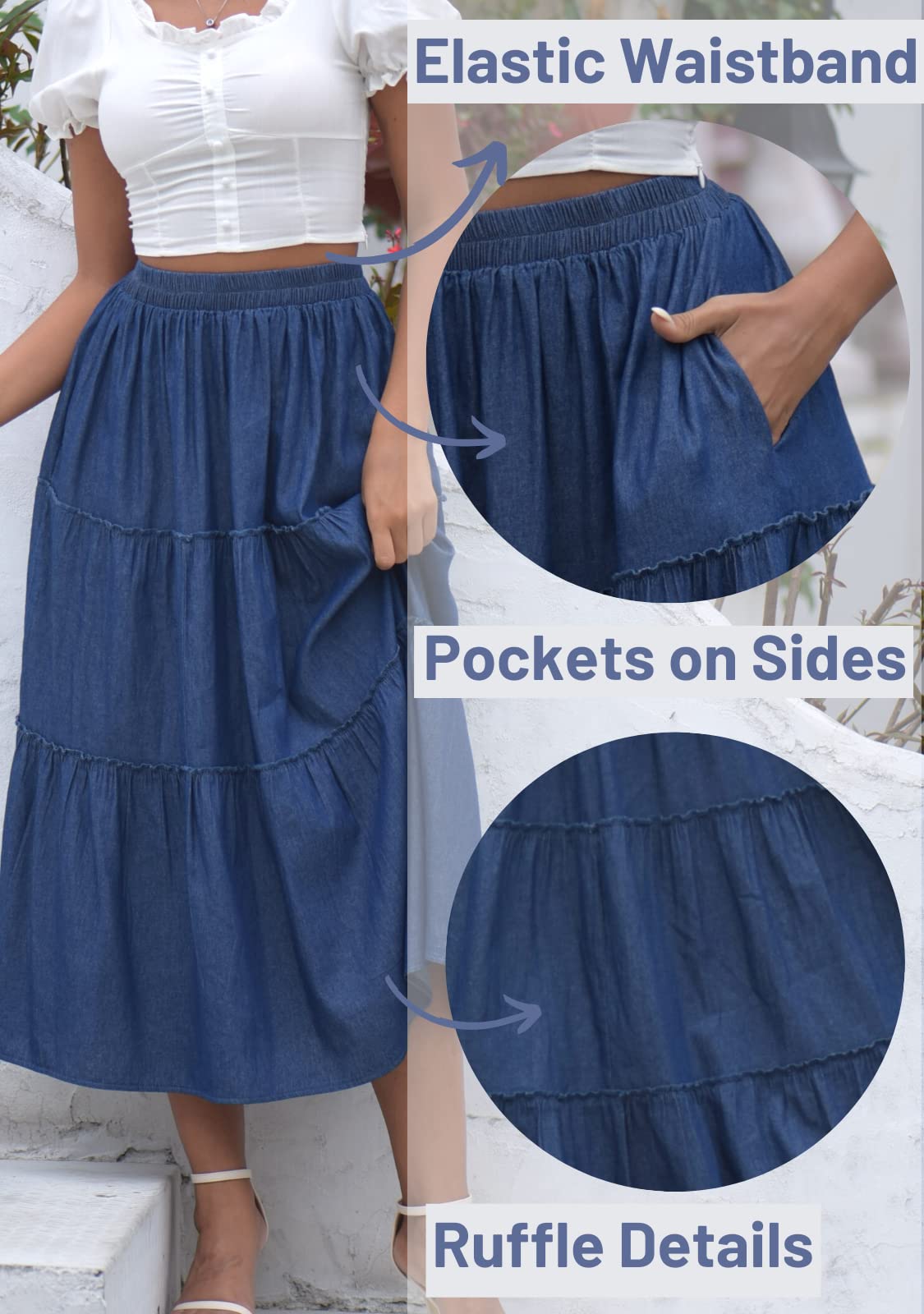 Women's Maxi Skirt Denim Tiered Elastic Waist Ruffle Pleated Flowy Casual Long Skirts with Pockets for Summer (Denim blued1, X-Large)