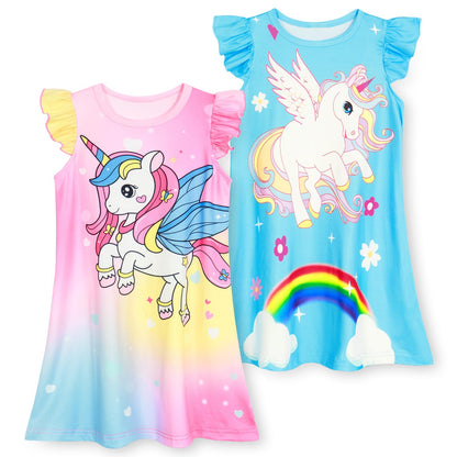 2Pcs Girls Pajamas Night Gowns Unicorn Dress Princess Nightdress Sleepwear Nightgowns for Toddler Girls Size 4-5T