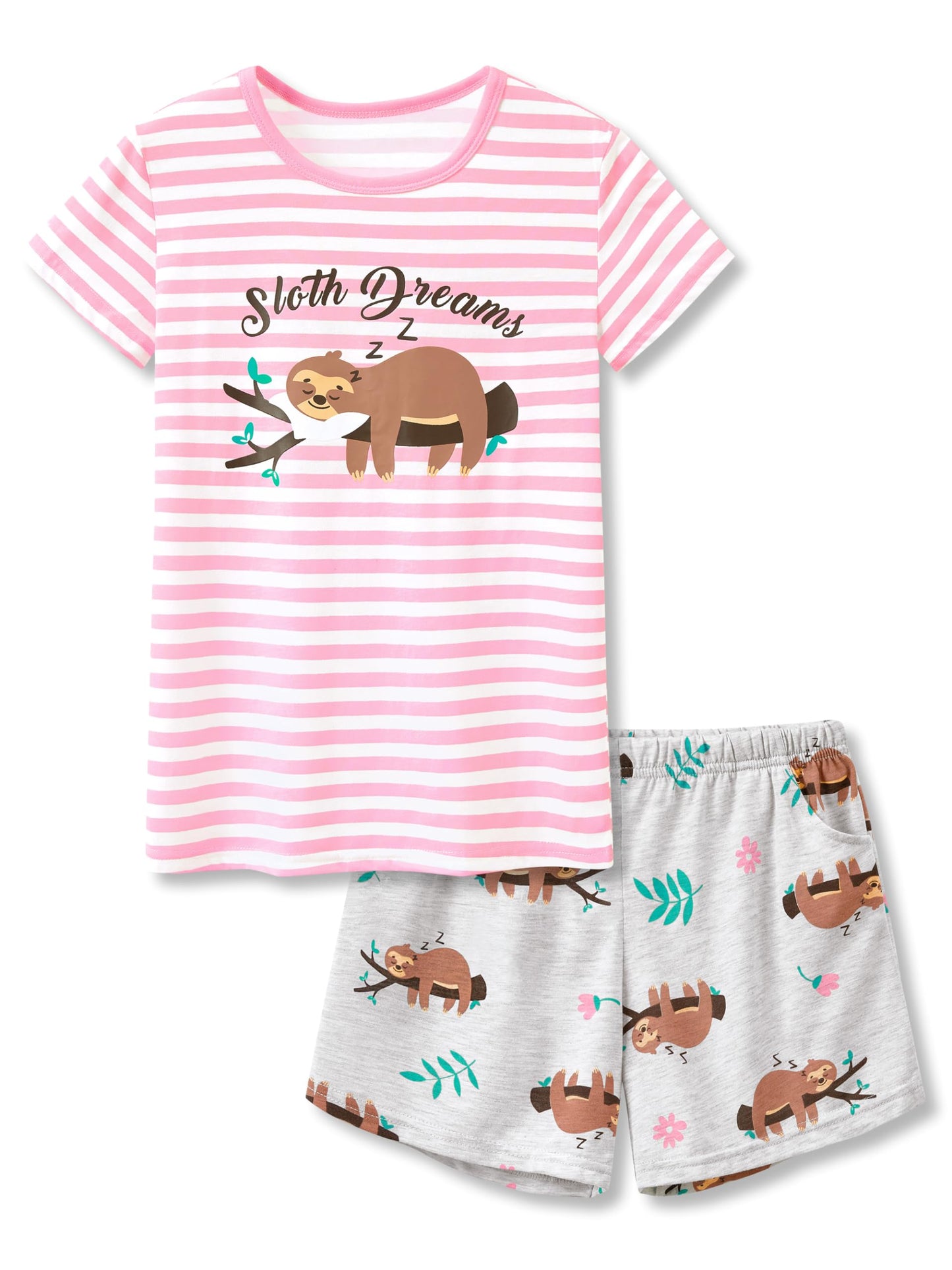 Pajama Soft Cotton Pink & Cute Gray Sloth Summer Short Sleeve Set 2-Piece Cute Kid PJ Size 14