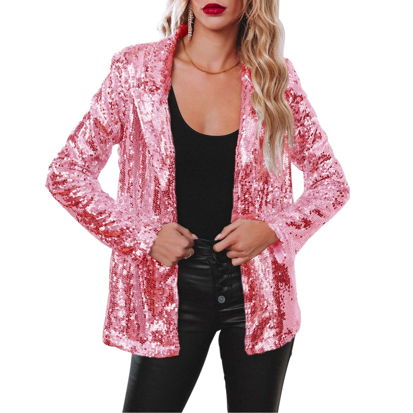 Women Evening Party Slim Fit Shiny Sparkly Boat Neck Suit Jacket Pink M