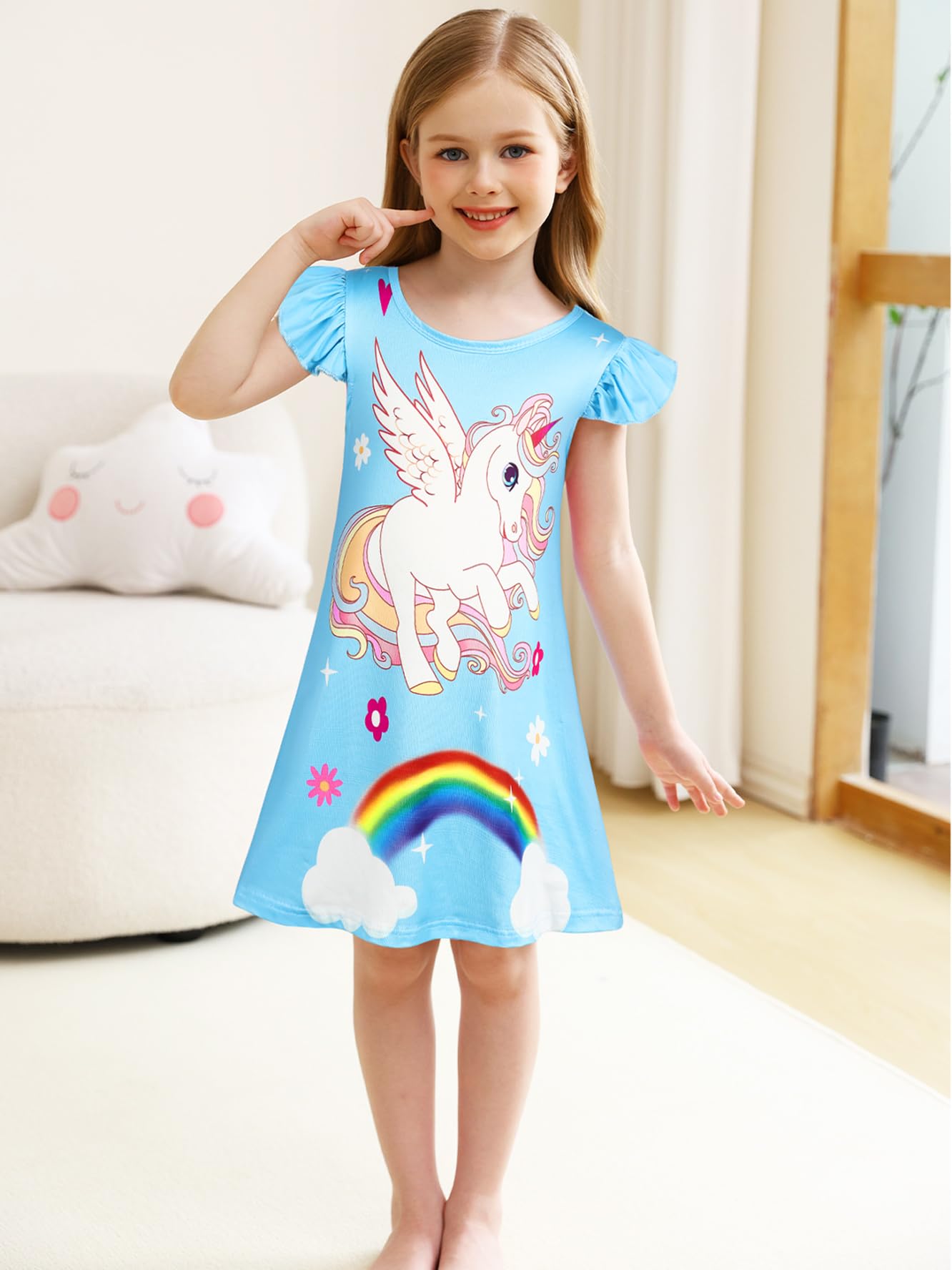 2Pcs Girls Pajamas Night Gowns Unicorn Dress Princess Nightdress Sleepwear Nightgowns for Toddler Girls Size 4-5T