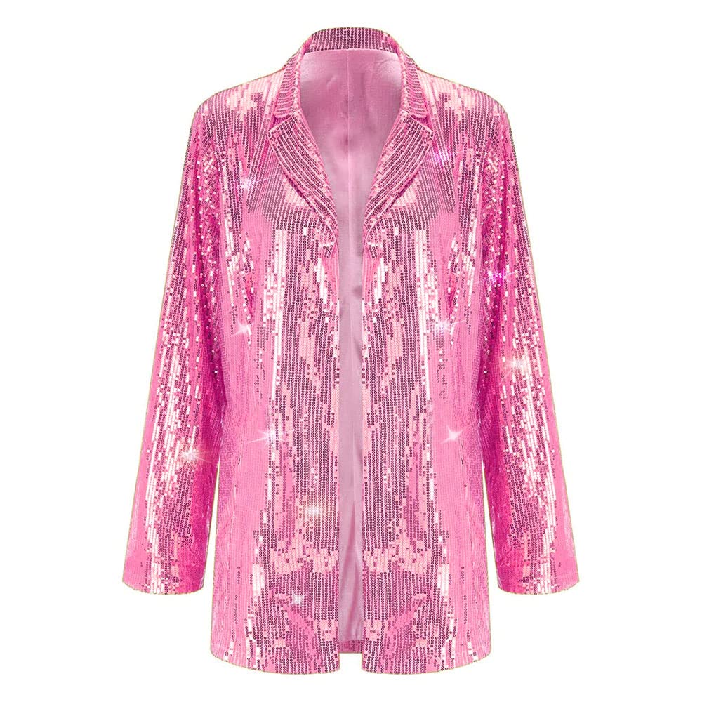 Women Evening Party Slim Fit Shiny Sparkly Boat Neck Suit Jacket Pink M