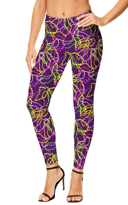 Womens Mardi Gras Leggings Fat Tuesday Beads New Orleans High Waist Footless Tight Pants S