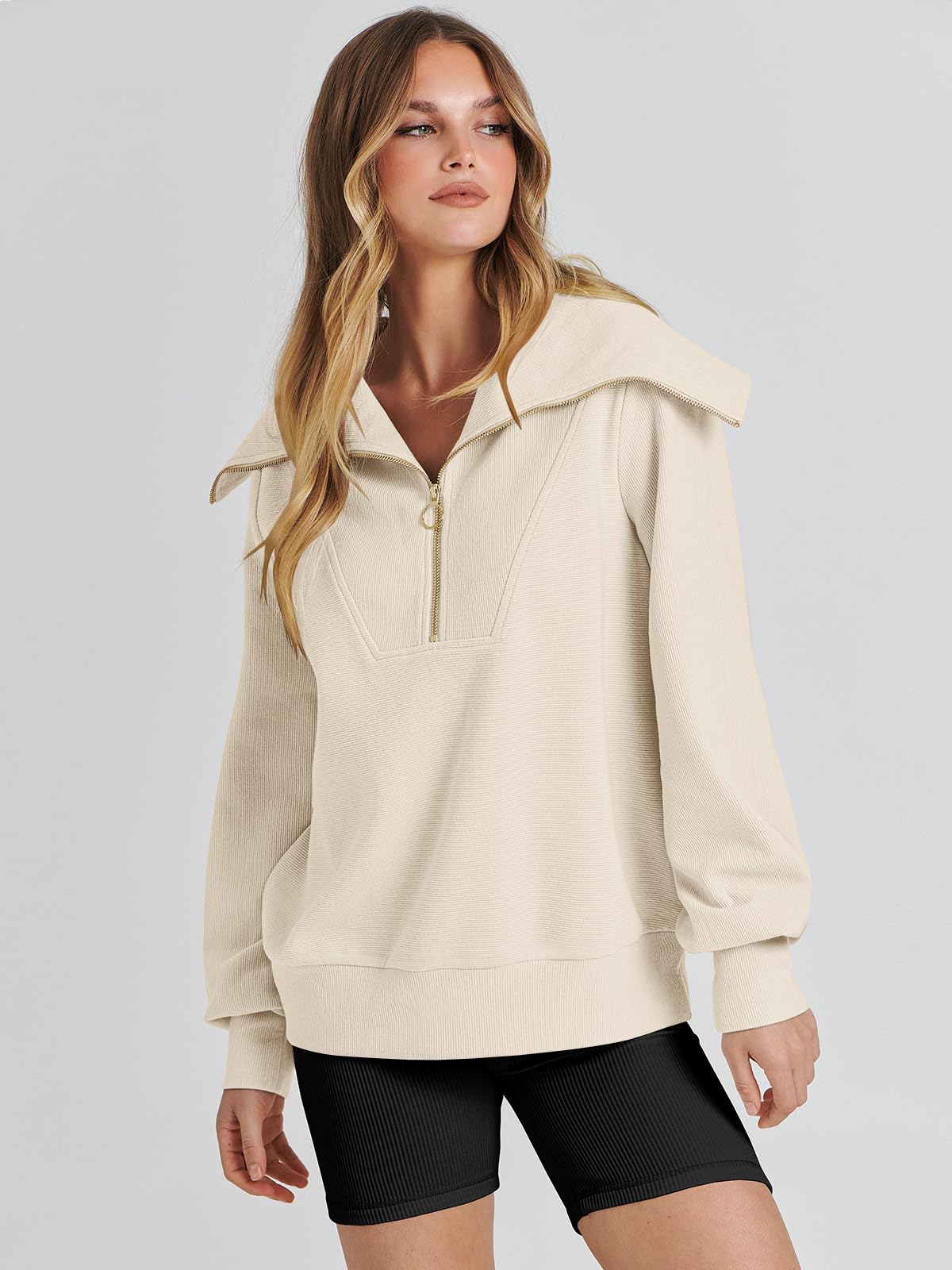 Women Quarter Zip Pullover Oversized Long Sleeve Half Zip Sweatshirts Fashion Trendy 2024 Fall Sweater Outfits Beige Large