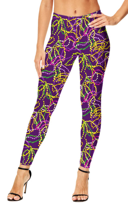 Womens Mardi Gras Leggings Fat Tuesday Beads New Orleans High Waist Footless Tight Pants S