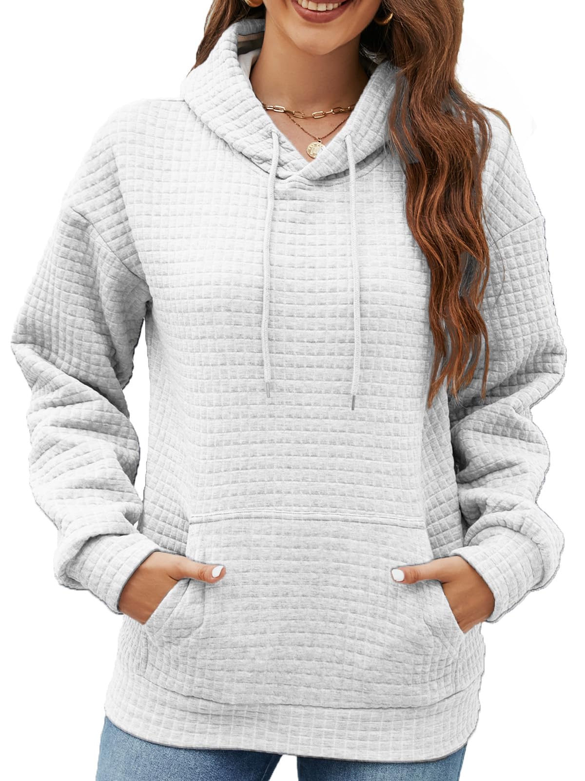 Women Casual Comfortable Sweatshirt Drawstring Waffle Knit Ladies Hooded Sweaters Trendy Midweight Fall Pullover Tops 2024 Winter Clothes(White,L)