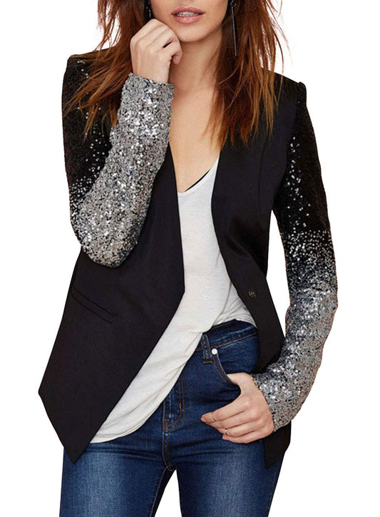 Womans Fashion Slim Fit Shiny Sequin Long Sleeve Casual Blazer Jacket (X-Large, Black)