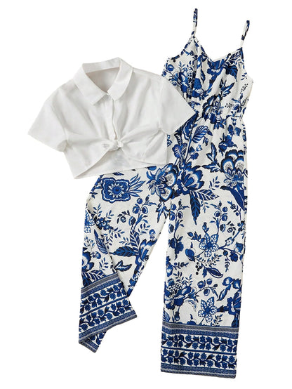 Girl's 2 Piece Outfits Short Sleeve Button Down Shirt Crop Top and Wide Leg Pants Jumpsuit Set Blue White Floral 12 Years