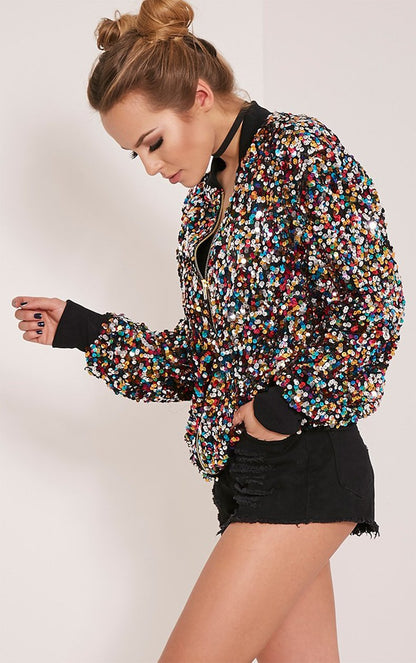 Women's Sequin Fitted Long Sleeve Zipper Blazer Bomber Jacket-rainbow M