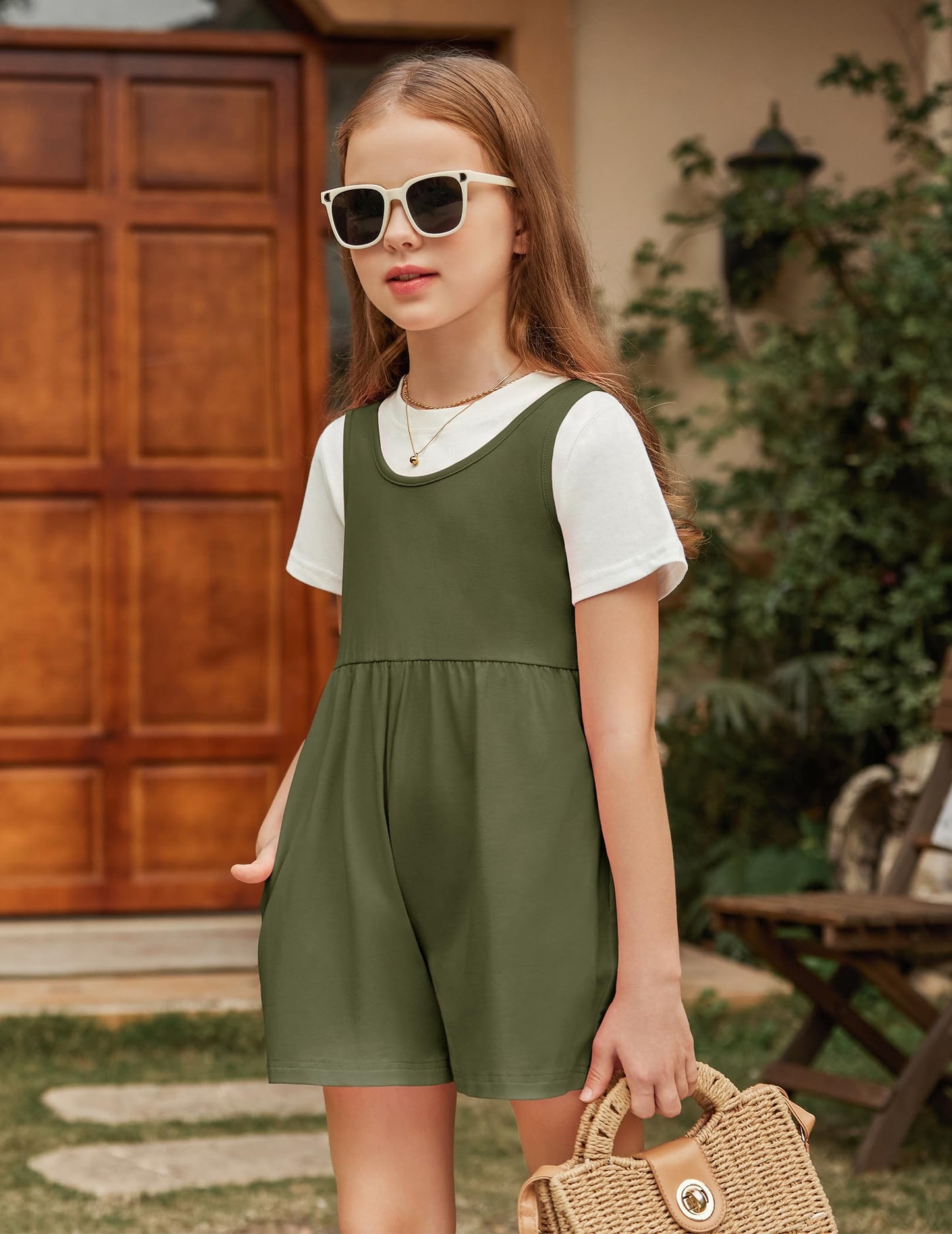 Girls Jumpsuit Romper Sleeveless Cute Short Casual Plain Color Overalls with Side Pockets for 7-8 Years