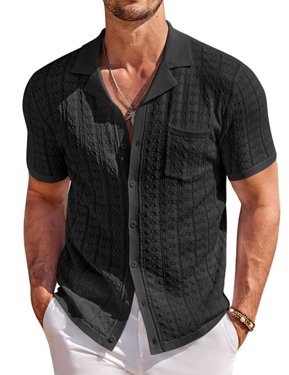 Men's Knit Button Down Shirt Vintage Short Sleeve Polo Shirts Casual Beach Shirts Top Black