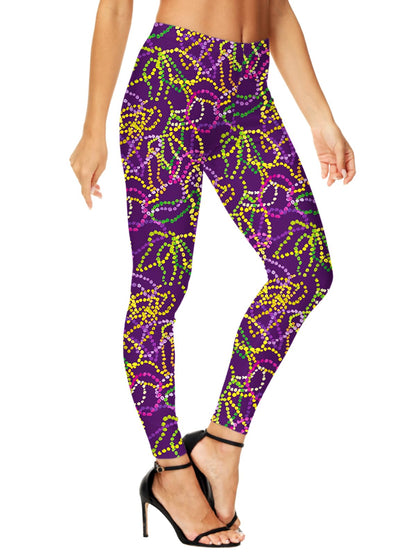 Womens Mardi Gras Leggings Fat Tuesday Beads New Orleans High Waist Footless Tight Pants S