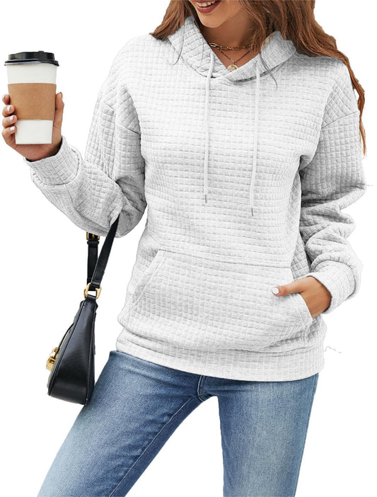 Women Casual Comfortable Sweatshirt Drawstring Waffle Knit Ladies Hooded Sweaters Trendy Midweight Fall Pullover Tops 2024 Winter Clothes(White,L)