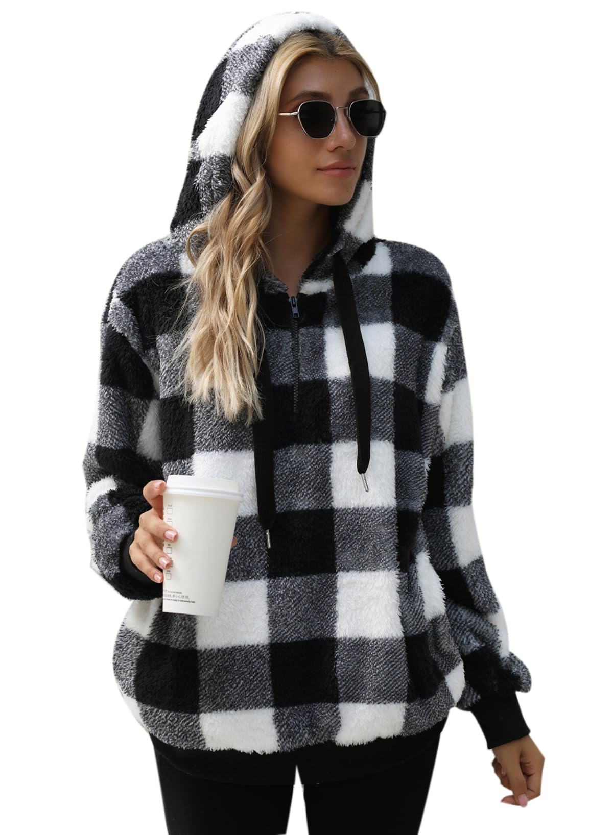 Womens Sherpa Pullover Tie Dye Fuzzy Hoodie Double Fleece Sweatshirts Fluffy Oversized Plaid Outerwear(Black Plaid,3XL)