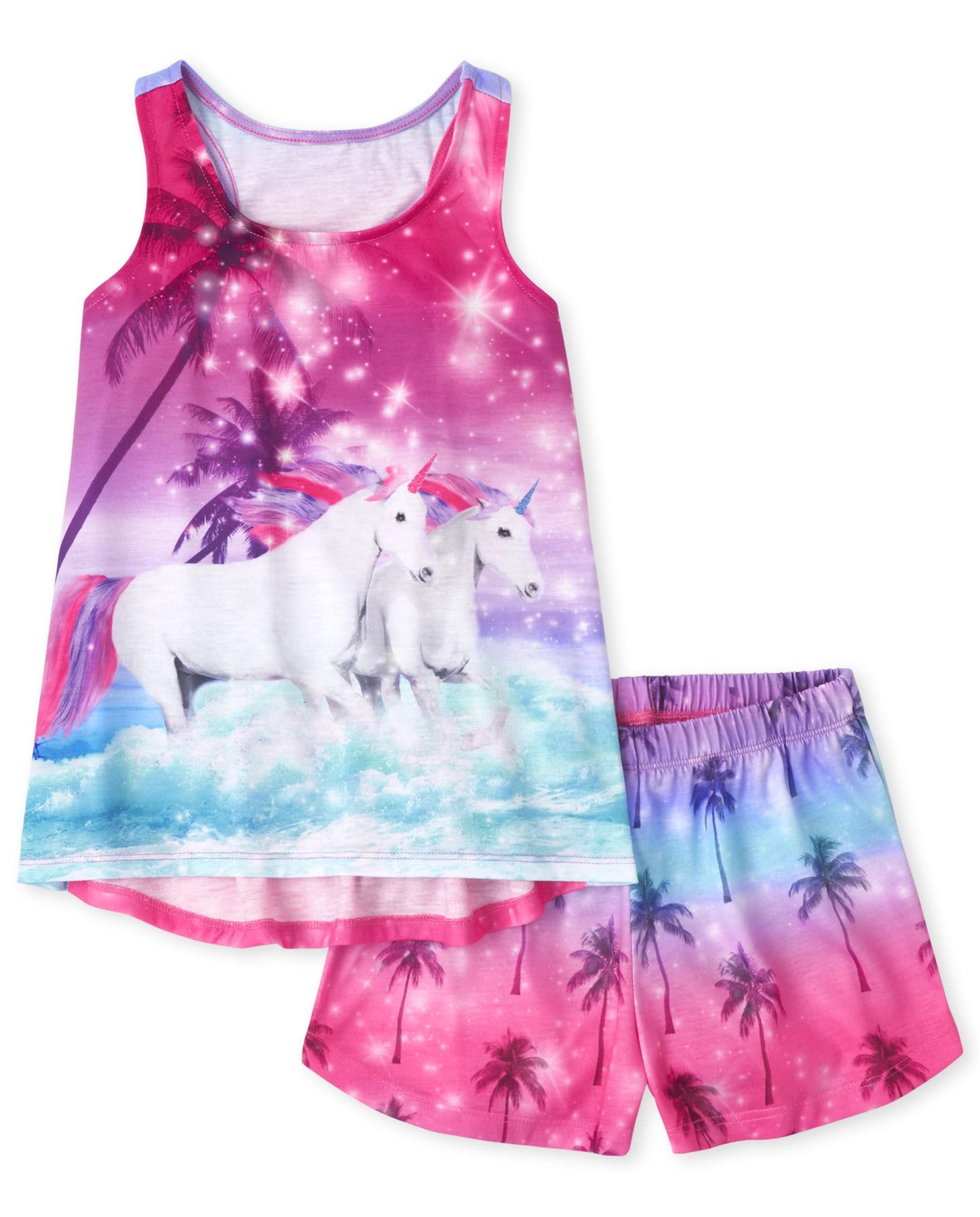 The Children's Place Girls' Sleeveless Tank Top and Short 2 Piece Pajama Set, Unicorns, Large